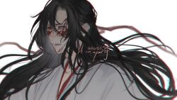 Rule 34 | 1010923, 1boy, alternate costume, black hair, blood, blood on face, chinese clothes, crying, crying with eyes open, floating hair, hair between eyes, hair down, hair ribbon, half updo, hanfu, long hair, looking to the side, male focus, modao zushi, official alternate hairstyle, parted lips, red eyes, red ribbon, ribbon, simple background, smile, solo, tears, teeth, twitter username, upper body, watermark, wei wuxian, wei wuxian (yiling laozu), white background, white hanfu, wide-eyed