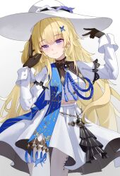1girl black_collar black_gloves blonde_hair blue_sash blush closed_mouth collar commentary gloves hair_ornament hands_up hat long_hair long_sleeves looking_at_viewer lu_lu_mao pantyhose phoebe_(wuthering_waves) purple_eyes sash shirt skirt smile solo tacet_mark_(wuthering_waves) very_long_hair white_hat white_pantyhose white_shirt white_skirt wuthering_waves x_hair_ornament