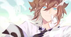 1boy anmicius aotu_world aqua_eyes black_necktie brown_hair closed_mouth collared_shirt hair_between_eyes looking_at_viewer male_focus necktie numbered pointy_ears shirt short_hair smile smoke solo upper_body white_shirt zengzhi_zhixu