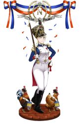 Rule 34 | 1girl, army, belt, bird, blonde hair, blue eyes, blue jacket, boots, breasts, chicken, epaulettes, first french empire, french army, french ranguage, full body, gloves, gold buttons, hat, high collar, highres, holding, jacket, katyusha (98269886), knee boots, long sleeves, looking at viewer, medium breasts, military, military uniform, napoleonic wars, one eye closed, original, pants, rooster, shako cap, short hair, smile, solo, standing, weapon, white background, white gloves, white pants