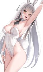 1girl animal_ears arm_up armpit_crease armpits arms_up backless_leotard blanc_(nikke) blunt_bangs breasts breasts_apart cleavage detached_collar duplicate fang goddess_of_victory:_nikke heart heart_tattoo highleg highleg_leotard highres large_breasts leotard long_hair looking_at_viewer necktie playboy_bunny pole rabbit_ears rabbit_tail skai_kun sleeveless solo strapless strapless_leotard stripper stripper_pole tail tattoo thighs thong_leotard very_long_hair white_hair wrist_cuffs yellow_eyes