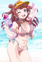 Rule 34 | 1girl, beach, bikini, blue bikini, blue eyes, blue sky, breasts, brown eyes, cleavage, cloud, day, double bun, front-tie bikini top, front-tie top, gakuen idolmaster, hair bun, hanami saki, highres, horizon, idolmaster, jewelry, medium breasts, necklace, ocean, one eye closed, orange visor, outdoors, run p (aveton), side-tie bikini bottom, sky, smile, solo, striped bikini, striped clothes, swimsuit, tumbler, two side up, visor cap, waves