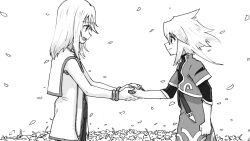 Rule 34 | 2boys, azuma yukihiko, bangle, bracelet, falling petals, floating hair, flower, genius sage, greyscale, holding hands, jewelry, looking at another, male focus, medium hair, mithos yggdrasill, monochrome, multiple boys, open mouth, petals, smile, spiked hair, standing, tales of (series), tales of symphonia, tunic, walking, yaoi