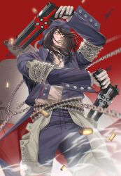 1boy absurdres ammunition_belt belt beyond_the_grave brown_hair bullet chain cowboy_hat dangziaih dual_wielding glasses gun gungrave handgun hat highres holding jacket leather leather_pants pants red_background weapon