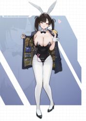 1girl alternate_costume animal_ears asymmetrical_bangs black_bow black_hair black_leotard blue_jacket bow breasts cleavage detached_collar fake_animal_ears full_body goddess_of_victory:_nikke heart highres huge_breasts jacket leotard looking_at_viewer open_clothes open_jacket pantyhose pepeo playboy_bunny rabbit_tail solo sora_(nikke) tail twintails white_pantyhose