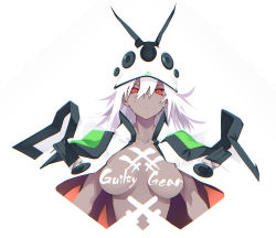 10mo 1girl absurdres body_writing breasts copyright_name dark-skinned_female dark_skin guilty_gear guilty_gear_xrd hair_between_eyes hat highres looking_at_viewer no_nipples ramlethal_valentine red_eyes short_hair simple_background solo white_background white_hair