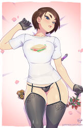 Rule 34 | 1girl, black gloves, black panties, black thighhighs, blue eyes, blush, breasts, brown hair, g-string, gloves, highres, jill valentine, kajin (kajinman), lingerie, lying, on back, panties, parted lips, patreon username, police badge, resident evil, shirt, short hair, signature, t-shirt, thighhighs, thong, underwear, white shirt