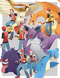 1boy backpack bad_id bad_pixiv_id bag beak brown_hair charizard claws fangs gen_1_pokemon gengar grey_background hat highres holding holding_poke_ball horns lapras nidoking nintendo pidgeot pikachu poke_ball poke_ball_(basic) pokemon pokemon_(creature) pokemon_frlg red_(pokemon) red_footwear single_horn tail talons wings yukin_(es)