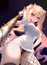18dikart 1girl animal_ears baseball_bat black_panties blonde_hair breasts cat_ears ebiko_(vtuber) fang fishnet_pantyhose fishnets from_below hand_on_own_hip highres holding holding_baseball_bat indie_virtual_youtuber large_breasts light_blush long_hair looking_at_viewer nail nail_(hardware) nail_bat panties pantyhose second-party_source shirt shrimp_hair_ornament shrimp_tail single_fishnet_legwear single_leg_pantyhose skin_fang solo twintails underwear virtual_youtuber white_shirt yellow_eyes