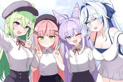 4girls absurdres ahoge aokumo_rin arm_up bare_shoulders beret black_skirt blue_eyes bow breasts cleavage closed_mouth collared_shirt cone_hair_bun cowboy_shot double_v dress green_eyes green_hair hair_bow hair_bun hair_intakes hanako_nana hands_up hat highres large_breasts leaning_forward long_hair looking_at_viewer multicolored_hair multiple_girls newsboy_cap off-shoulder_shirt off_shoulder one_eye_closed one_side_up open_mouth outstretched_arm pink_hair pleated_dress pleated_skirt ponytail purple_eyes purple_hair saho_4545 shirt skirt sleeveless sleeveless_shirt smile spaghetti_strap stellive streaked_hair tenko_shibuki v virtual_youtuber white_hair white_shirt yuzuha_riko