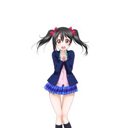 1girl :d anime_coloring black_hair black_socks blazer blue_jacket blue_skirt blush bow bowtie cardigan diagonal-striped_bow diagonal-striped_bowtie diagonal-striped_clothes dress_shirt feet_out_of_frame green_bow green_bowtie hair_bow hands_up hirayama_madoka jacket kneehighs long_sleeves looking_at_viewer love_live! love_live!_school_idol_festival love_live!_school_idol_project miniskirt official_art open_clothes open_jacket open_mouth otonokizaka_school_uniform own_hands_clasped own_hands_together pink_cardigan plaid_clothes plaid_skirt pleated_skirt red_eyes school_uniform shirt skirt smile socks solo standing striped_clothes teeth transparent_background twintails upper_teeth_only white_shirt winter_uniform yazawa_nico