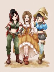 3girls adjusting_clothes adjusting_headwear aerith_gainsborough aerith_gainsborough_(garnet&#039;s_gown) arm_belt bare_shoulders belt black_choker black_gloves black_hair black_shorts blue_jacket boots braid braided_ponytail breasts brown_belt brown_footwear brown_gloves brown_hair brown_headwear choker closed_mouth cosplay crop_top cropped_jacket crystal curtsey dreadlocks dress earrings elbow_sleeve final_fantasy final_fantasy_ix final_fantasy_vii final_fantasy_vii_ever_crisis final_fantasy_vii_remake full_body garnet_til_alexandros_xvii garnet_til_alexandros_xvii_(cosplay) gloves green_eyes green_pants green_shirt hat high-low_dress high-low_skirt highres hoop_earrings jacket jewelry juliet_sleeves lace-up leg_warmers long_hair long_sleeves looking_at_viewer lucia_lin lucia_lin_(vivi&#039;s_garb) medium_breasts multicolored_hair multiple_girls necklace official_alternate_costume one_eye_closed open_mouth orange_dress pants parted_bangs pendant ponytail puffy_long_sleeves puffy_sleeves red_eyes red_footwear red_hair salamander_coral salamander_coral_(cosplay) shirt short_hair shorts shoulder_tattoo sidelocks single_braid sleeveless sleeveless_shirt sleeveless_turtleneck smile socks streaked_hair striped_clothes striped_thighhighs swept_bangs tattoo thighhighs tifa_lockhart tifa_lockhart_(amarant&#039;s_guise) tomoberry tooth_necklace torn_clothes turtleneck twitter_username two-tone_dress underbust vivi_ornitier vivi_ornitier_(cosplay) wavy_hair white_dress white_socks wizard_hat