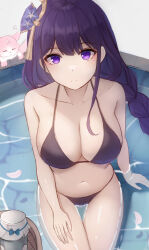 2girls anger_vein animal_ears bare_shoulders bathtub bikini black_bikini braid breasts cleavage closed_mouth collarbone facial_mark forehead_mark fox fox_ears fox_tail frontera genshin_impact hair_ornament hand_on_own_thigh highres large_breasts long_hair looking_at_viewer multiple_girls navel open_mouth purple_eyes purple_hair raiden_shogun single_braid stomach swimsuit tail very_long_hair water yae_miko yae_miko_(fox)