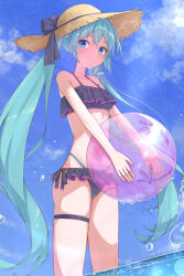 1girl aqua_eyes aqua_hair ball bare_shoulders beachball bikini black_bikini blue_sky breasts cloud frilled_bikini frilled_bikini_top frills hat hatsune_miku highres holding holding_ball holding_beachball layered_bikini long_hair navel sky small_breasts solo soyose stomach straw_hat swimsuit thigh_strap twintails very_long_hair vocaloid wet