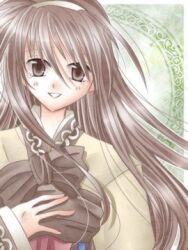 Rule 34 | 1girl, 2000s (style), blush, brown eyes, brown hair, brown shirt, commentary request, green background, grin, hair between eyes, hairband, hanbok, korean clothes, long bangs, long hair, long sleeves, looking at viewer, lowres, ragnarok online, sharari, shirt, smile, solo, soul linker (ragnarok online), upper body, white hairband