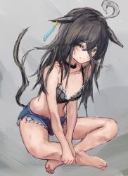 1girl ahoge animal_ears bare_shoulders bikini bikini_top_only black_bikini black_choker black_hair blue_shorts choker closed_mouth collarbone crossed_bangs crossed_legs ear_tag earrings ears_down grey_background grey_hair hair_between_eyes hands_on_own_legs horse_ears horse_girl horse_tail indian_style jewelry long_bangs long_hair long_hair_between_eyes looking_at_viewer manhattan_cafe_(umamusume) multicolored_hair short_shorts shorts simple_background single_earring sitting smile solo swimsuit tail torn_clothes torn_shorts umamusume very_long_hair yanagi_wakana yellow_eyes