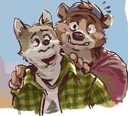 2boys animal_ears arches_(visual_novel) backwards_hat bear_boy bear_ears blue_hat cameron_wilson_(arches) catoon997 checkered_clothes checkered_shirt coyote_boy devon_ortega_(arches) echo_project flying_sweatdrops furry furry_male green_shirt hat hiding hiding_behind_another looking_at_another lowres male_focus multiple_boys red_shirt scared shirt sweater wolf_ears