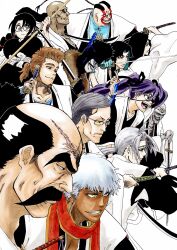 Rule 34 | 3girls, 6+boys, :d, absurdres, alpen no koyari, bald, beard, black hair, black kimono, bleach, bleach: sennen kessen-hen, breasts, brown eyes, brown hair, closed mouth, colored skin, colored teeth, commentary request, cross scar, dark-skinned male, dark skin, everyone, eyebrows hidden by hair, eyelashes, facial hair, facial mark, fang, fighting stance, floating hair, freckles, from side, frown, fur scarf, glasses, grey eyes, grey hair, grey skin, grin, haori, highres, holding, holding sword, holding weapon, huge breasts, izuhara kinroku, japanese clothes, katana, katori batsuunsai, kimono, kubo tite (style), kumoi entetsu, long eyebrows, long hair, long sleeves, looking ahead, looking at viewer, low ponytail, medium hair, multiple boys, multiple girls, mustache, nose, obana danjirou, official style, old, old man, one eye covered, open mouth, outogawa furuoki, parted lips, ponytail, profile, purple eyes, purple hair, red scarf, round eyewear, saitou furoufushi, sakahone saizou, scar, scar on face, scar on forehead, scarf, shigyou nobutsuna, shihouin chika, shijima chigiri, short hair, simple background, smile, spiked hair, sunken cheeks, sword, taichou haori, tareme, teeth, thick eyebrows, tinted eyewear, tsurime, twintails, unohana retsu, v-shaped eyebrows, very long hair, weapon, white background, white hair, white haori, wide sleeves, yamamoto-genryuusai shigekuni, yellow-tinted eyewear, yellow eyes, yellow teeth, zenjouji uhin
