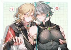 Rule 34 | !?, 2boys, :t, alhaitham (genshin impact), alpaitham, aqua eyes, aqua hair, black gloves, black shirt, blonde hair, blush, border, closed mouth, earrings, feather hair ornament, feathers, fingerless gloves, gem, genshin impact, gloves, gold trim, green gemstone, grey hair, hair between eyes, hair ornament, jewelry, kaveh (genshin impact), male focus, multicolored hair, multiple boys, nipples, one eye closed, red eyes, shirt, short hair, simple background, streaked hair, white border, white hair, white shirt, yaoi