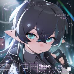 1girl 2024 artist_name bandaged_arm bandages black_gloves black_hair black_jacket black_shirt blue_eyes blue_hair closed_mouth collared_shirt cross cross_earrings crossed_bangs dated earrings expressionless gloves hair_between_eyes highres inkling inkling_girl inkling_player_character jacket jewelry long_hair long_pointy_ears looking_at_viewer multicolored_hair multiple_earrings nintendo pabuk5w partially_fingerless_gloves pointy_ears portrait shirt solo splatoon_(series) streaked_hair stud_earrings tentacle_hair two-tone_hair watermark web_address weibo_username