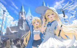 2girls absurdres alternate_costume arm_up blonde_hair blue_eyes blue_sailor_collar blue_sky breasts carlotta_(wuthering_waves) cellphone commentary_request crown_of_thorns day denim denim_shorts dress hair_ornament hand_up hat highres long_hair looking_at_viewer mascot_costume medium_breasts multiple_girls navel open_mouth outdoors people phoebe_(wuthering_waves) phone purple_eyes sailor_collar selfie_stick shorts sky smartphone smile stomach sunj000 tacet_mark_(wuthering_waves) v very_long_hair waving white_dress white_hat wuthering_waves x_hair_ornament yangyang_(wuthering_waves)
