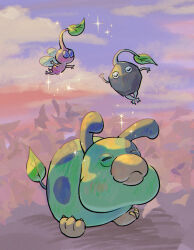 Rule 34 | animal, asaikaina, black skin, blue eyes, blue sky, bush, closed eyes, cloud, colored skin, crossed ankles, dog, floating, happy, insect wings, leaf, moss (pikmin), nintendo, no humans, no mouth, outdoors, pikmin (creature), pikmin (series), pikmin 4, pink skin, rock, rock pikmin, shadow, sky, snout, solid circle eyes, sparkle, sunset, winged pikmin, wings