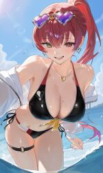 1girl bikini black_bikini blue_sky breasts cleavage cloud commentary day earrings eyewear_on_head halterneck heart heart-shaped_eyewear heart_earrings heart_necklace heterochromia highres hololive houshou_marine houshou_marine_(summer) iood jacket jewelry large_breasts long_hair necklace ocean open_mouth outdoors partially_submerged ponytail purple-tinted_eyewear red_eyes red_hair side-tie_bikini_bottom sky smile solo string_bikini sunglasses swimsuit tinted_eyewear virtual_youtuber wet white_jacket yellow_eyes