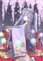 1girl ball bare_shoulders blue_eyes cherry_blossoms crystal female_focus flower fuse-hime glowing hadi hair_ornament highres japanese_clothes kanzashi kimono kodachi long_hair nansou_satomi_hakkenden on_one_knee orb parted_lips petals princess purple_hair scroll seppuku short_sword solo sword tabi twintails weapon