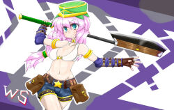 1girl axe belt belt_buckle belt_pouch bikini bikini_top_only blue_eyes blue_shorts blush breasts brown_belt brown_gloves buckle character_name closed_mouth commentary_request cowboy_shot fingerless_gloves gloves green_hat guuya hat highres holding holding_axe long_hair looking_at_viewer low-tied_long_hair medium_breasts navel peaked_cap pink_hair pouch purple_background ragnarok_online short_shorts shorts solo star_(symbol) swimsuit v-shaped_eyebrows white_background white_bikini whitesmith_(ragnarok_online)
