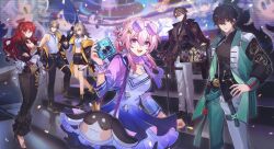 3boys 4girls absurdres acheron_(honkai:_star_rail) alternate_costume bare_legs black_hair black_jacket black_pants black_shirt black_shoes black_skirt blue_dress brown_hair brown_jacket caelus_(honkai:_star_rail) camera cane castorice_(honkai:_star_rail) chest_tattoo choker cioccolatodorima crop_top cropped_jacket dan_heng_(honkai:_star_rail) dr._ratio_(honkai:_star_rail) dress frilled_pants frills gradient_clothes gradient_dress green_jacket green_pants grey_hair grey_pants highres himeko_(honkai:_star_rail) holding holding_camera honkai:_star_rail honkai_(series) jacket jing_yuan long_sleeves march_7th_(honkai:_star_rail) mem_(honkai:_star_rail) midriff multiple_boys multiple_girls off_shoulder pants pink_choker pink_hair pink_jacket pom-pom_(honkai:_star_rail) red_hair round_eyewear shirt shoes single_bare_shoulder skirt sleeveless sleeveless_shirt stelle_(honkai:_star_rail) stomach sunday_(honkai:_star_rail) sunglasses tattoo thigh_strap trailblazer_(honkai:_star_rail) two-tone_pants welt_yang white_dress white_shirt wrist_cuffs