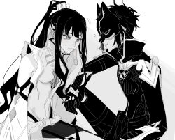 1boy 1girl aztec bare_shoulders colored_inner_hair fate/grand_order fate_(series) fuyotan grey_eyes high_ponytail highres izcalli_(fate) looking_at_another masked multicolored_hair ponytail smile tenochtitlan_(fate) tenochtitlan_(third_ascension)_(fate) white_background