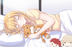 1boy 2girls alternate_costume alternate_hairstyle artoria_pendragon_(fate) blonde_hair blush brown_eyes closed_eyes emiya_shirou fate/grand_order fate_(series) hair_down highres lying multiple_girls on_side red_hair saber_(fate) saber_alter shirt sii_artatm sleeping smile under_covers yellow_eyes yellow_shirt