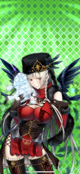 1girl absurdres bare_shoulders belt bird black_gloves blonde_hair boots braid breasts cleavage cleavage_cutout closed_mouth clothing_cutout corset cowboy_shot detached_sleeves dress elbow_gloves feathers flower frills fur_trim garter_straps giuniu gloves green_background grey_hair hat hat_feather highres holding holding_flower jewelry lace large_breasts long_hair looking_at_viewer miniskirt morigan_raven pointy_ears purple_eyes red_dress red_eyes red_skirt scarf short_dress skirt smile solo standing thigh_boots thighhighs thighs uchi_no_hime-sama_ga_ichiban_kawaii very_long_hair weapon white_hair wings zettai_ryouiki