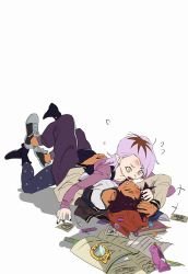 2girls amity_blight beanie book brown_hair bruise bruise_on_face dark-skinned_female dark_skin hat injury jacket kuma20151225 letterman_jacket luz_noceda lying multiple_girls on_back open_mouth pantyhose paper pencil_case pointy_ears polka_dot_pantyhose purple_hair shoes smile sneakers the_owl_house yuri