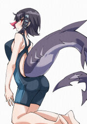 1girl alternate_costume ass barefoot black_hair blue_one-piece_swimsuit blush breasts ellen_joe fins fish_tail hair_ornament large_breasts looking_at_viewer mole mole_under_eye multicolored_hair nodachi_(nodati51) one-piece_swimsuit red_eyes red_hair shark_girl shark_tail short_hair solo streaked_hair swimsuit tail x_hair_ornament zenless_zone_zero