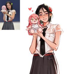 Rule 34 | 2girls, alien stage, black hair, black necktie, black skirt, character doll, collared shirt, commentary, corset, cosplay, doll, english commentary, flower, hair flower, hair ornament, haseul (loona), haseul (loona) (cosplay), heart, holding, holding stuffed toy, k-pop, lesly oh, mizi (alien stage), multiple girls, necktie, photo inset, red flower, reference inset, shirt, short hair, short sleeves, skirt, stuffed toy, sua (alien stage), white corset, white shirt