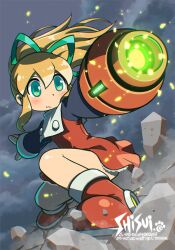 1girl aiming arm_cannon artist_name blonde_hair boots dress glowing green_eyes green_ribbon hair_ribbon long_hair long_sleeves mega_man_(classic) mega_man_(series) perspective ponytail powering_up red_boots red_dress ribbon robot_girl roll_(mega_man) shisui sidelocks solo weapon