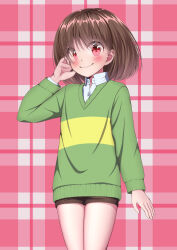 1other arm_at_side blush bob_cut brown_hair brown_shorts chara_(undertale) closed_mouth collared_shirt commentary_request cowboy_shot eyes_visible_through_hair fj_0102 from_below green_sweater hair_behind_ear hair_over_eyes hand_on_own_cheek hand_on_own_face hand_up highres layered_sleeves long_sleeves looking_at_viewer medium_hair other_focus plaid_background puffy_long_sleeves puffy_sleeves raised_eyebrows red_background red_eyes shirt short_shorts shorts simple_background smile solo standing striped_clothes striped_sweater sweater two-tone_sweater undertale v-neck white_shirt yellow_sweater