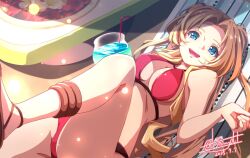 1girl alfin_reise_arnor bikini blonde_hair blue_eyes breasts chair cleavage cocktail cocktail_glass cup dated drinking_glass drinking_straw eiyuu_densetsu folding_chair hajimari_no_kiseki large_breasts long_hair looking_at_viewer lying on_back open_mouth outdoors parted_bangs red_bikini sideboob signature smile solo swimsuit tinybiard twitter_username
