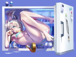 1girl animal_ears aqua_bikini aqua_ribbon armpits artist_name barefoot bendy_straw bikini blue_background blue_eyes blush breasts bright_pupils can carton commentary donut drinking_straw egg_carton energy_drink female_focus food food_in_mouth food_on_toes gesoking hair_ribbon highres holding in_container in_refrigerator knees_up lying magnet medium_breasts milk_carton monster_energy mouth_hold multicolored_bikini on_back open_door original pastry_box pink_bikini pink_ribbon pon_de_ring refrigerator refrigerator_magnet ribbon silver_hair simple_background solo striped_bikini striped_clothes surstromming swimsuit tin_can two-tone_bikini two_side_up underboob white_pupils