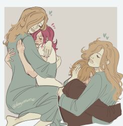 Rule 34 | 1boy, 2girls, black jacket, closed eyes, commentary, curly eyebrows, dannymans66, dress, english commentary, hair over one eye, heart, highres, hug, jacket, long dress, long hair, long sleeves, mother and daughter, mother and son, multiple girls, multiple views, one piece, sanji (one piece), short hair, short sleeves, tears, vinsmoke reiju, vinsmoke sora