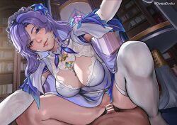 1boy 1girl absurdres artist_name assertive_female bar_censor blue_eyes blue_flower breasts cantarella_(wuthering_waves) censored clothed_female_nude_male commentary cowgirl_position deep_duck dress earrings english_commentary facial_mark flower girl_on_top hair_flower hair_ornament headdress hetero highres indoors jewelry large_breasts leaning_forward long_hair looking_at_viewer mark_under_eye mole mole_under_eye no_panties nude parted_lips penis pov purple_hair pussy pussy_juice pussy_juice_trail sex shrug_(clothing) single_thighhigh straddling thighhighs thighs vaginal white_dress white_shrug white_thighhighs wuthering_waves
