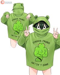 1girl absurdres animal_hood animal_print artist_name asui_tsuyu black_eyes boku_no_hero_academia censored_profanity commentary dismaiden double_v english_commentary english_text frog_hood frog_print green_hair green_hoodie highres hood hood_up hoodie looking_at_viewer multiple_views patreon_logo v zipper