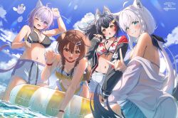 4girls absurdres ahoge animal_ear_fluff animal_ears asymmetrical_hair bikini bikini_skirt bikini_top_only bikini_under_shorts black_bikini black_choker black_hair black_jacket blue_bikini blue_eyes blue_skirt blue_sky blush bone_hair_ornament braid breasts brown_hair cat_ears cat_girl cat_tail chestnut_mouth choker claw_pose cleavage cloud cloudy_sky commentary crossed_bangs day dog_ears dog_girl dog_tail double-parted_bangs fang feet_out_of_frame fox_ears fox_girl fox_shadow_puppet fox_tail frilled_bikini frills front-tie_bikini_top front-tie_top grin hair_between_eyes hair_ornament highres hololive hololive_gamers innertube inugami_korone jacket kakeru_(kakekaker001) leaf_print leaning_forward lens_flare listener_(inugami_korone) long_hair looking_at_viewer low_ponytail low_twin_braids maple_leaf_print medium_breasts medium_hair multicolored_hair multiple_girls navel nekomata_okayu ocean off_shoulder official_alternate_costume official_alternate_hairstyle okanyan_(nekomata_okayu) one_eye_closed onigirya_(nekomata_okayu) ookami_mio ookami_mio_(hololive_summer_2019) open_clothes open_fly open_jacket open_mouth orange_eyes outdoors paw_pose ponytail print_bikini purple_eyes purple_hair purple_shorts red_choker red_eyes red_hair red_jacket shirakami_fubuki shirakami_fubuki_(hololive_summer_2019) short_hair shorts single_braid sitting skirt sky sleeves_past_wrists smile standing stomach streaked_hair striped_innertube sunlight swim_ring swimsuit tail twin_braids two-sided_fabric two-sided_jacket two-tone_hair two-tone_shorts two-tone_tail unzipped virtual_youtuber wading watermark wet white_hair white_jacket white_shorts wolf_ears wolf_girl wristband yellow_bikini