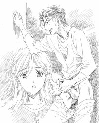 Rule 34 | 1boy, 1girl, bigeroo (shangmerry), clenched teeth, closed eyes, clothes pull, commentary request, couple, cowboy shot, cum, dragon quest, dragon quest builders 2, hair slicked back, hatching (texture), hetero, hiisu (dqb2), interrupted, long hair, male masturbation, masturbation, monochrome, pants, pants pull, partially undressed, penis, saffron (dqb2), short hair, sketch, surprised, sweat, teeth, upper body