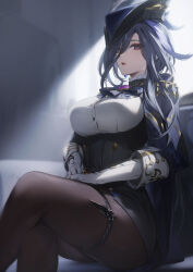 1girl ascot black_pantyhose blue_ascot blue_cape blue_hair blue_hat breasts button_gap cape clorinde_(genshin_impact) corset crossed_legs earrings epaulettes fold-over_gloves framed_breasts genshin_impact genyaky gloves hair_between_eyes hat hat_feather highres indoors jewelry large_breasts long_hair long_hair_between_eyes looking_at_viewer multicolored_hair pantyhose pencil_skirt purple_eyes shirt sidelighting single_earring sitting skirt solo streaked_hair taut_clothes taut_shirt tricorne two-tone_hair vision_(genshin_impact) white_gloves white_shirt