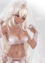 1girl 218 blonde_hair bra breasts bridal_veil brown_eyes choker cleavage dark-skinned_female dark_skin female_focus garter_belt granblue_fantasy lace lace_bra lace_panties long_hair medium_breasts navel panties smile solo underwear veil zooey_(granblue_fantasy)