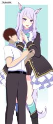 Rule 34 | 1boy, 1girl, animal ears, aqua socks, dress, felleo105, frilled skirt, frills, height difference, highres, horse ears, horse girl, layered dress, mejiro mcqueen (umamusume), purple eyes, purple hair, skirt, smile, socks, tall female, trainer (umamusume), umamusume
