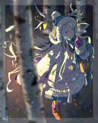 1girl adversarial_noise antler_ornament antlers antlers_through_headwear aqua_eyes aqua_hair bag beanie birch_tree blue_hat blue_scarf boots border bow breath brown_boots closed_mouth commentary dress earflap_beanie fate/grand_order fate_(series) from_above fur-trimmed_headwear fur_trim hair_between_eyes hand_up hat heart-shaped_ornament highres horns long_hair long_hair_between_eyes long_sidelocks long_sleeves looking_at_viewer louhi_(fate) louhi_(second_ascension)_(fate) mittens outdoors pom_pom_(clothes) pom_pom_beanie puffy_sleeves purple_mittens purple_socks scarf scarf_bow shoulder_bag sidelighting sidelocks signature socks solo sweater sweater_dress tassel three_quarter_view too_many_watermarks tree ttmaru_1739 very_long_hair watermark watermark_grid white_border white_sweater yellow_bag