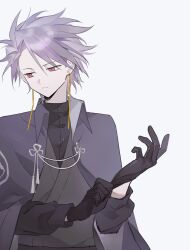 Rule 34 | 1boy, :|, adapted costume, black cape, black gloves, black kimono, black shirt, buttons, cape, chinese commentary, closed mouth, collared cape, commentary request, earrings, feiyingliaoluan-haruto, flower knot, gloves, highres, japanese clothes, jewelry, kimono, long sleeves, male focus, purple hair, putting on gloves, red eyes, saibou shinkyoku, shirt, shirt under kimono, short hair, simple background, theodore riddle, upper body, white background